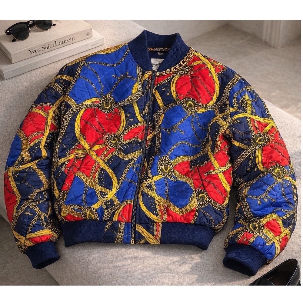 Vintage Jacqueline Ferrar Quilted Bomber‎ Jacket Blue Red Gold Chain Print OSFM